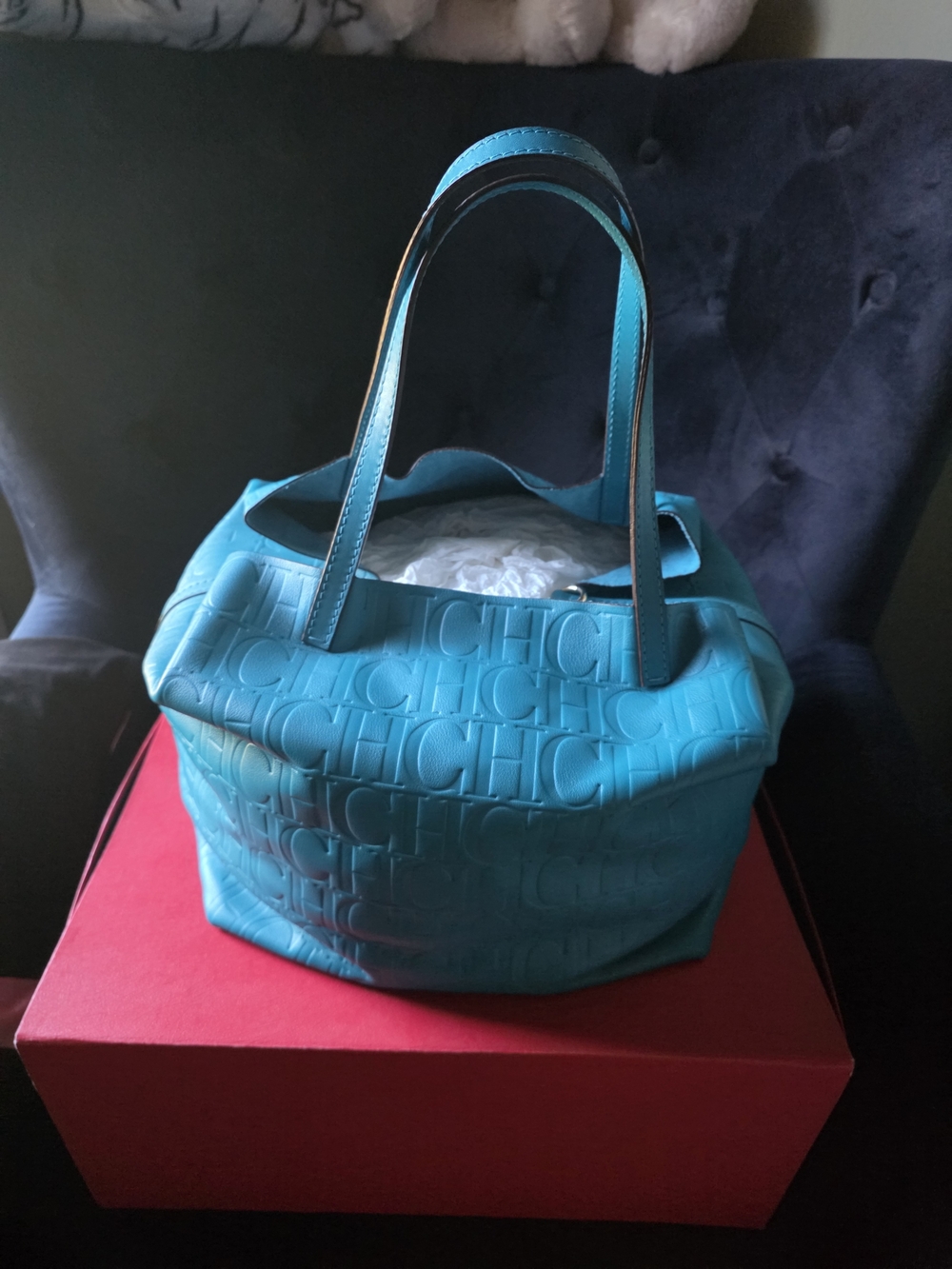Carolina Herrera Large Turquoise Embossed CH Matryoshka Tote New With Tags